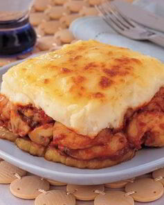 Картофельное суфле с креветками и баклажанами