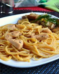 Спагетти с куриным филе и соевым соусом на сковороде