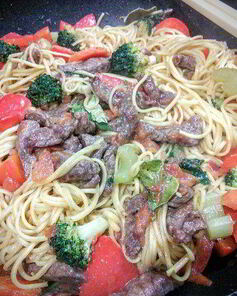 Говядина с помидорами и китайской лапшой