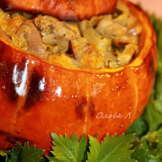 Рецепт сливочно-грибное рагу с мясом в тыкве