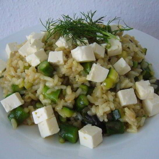 Рецепт весеннее ризотто со спаржей, фенхелем, цукини и фетой