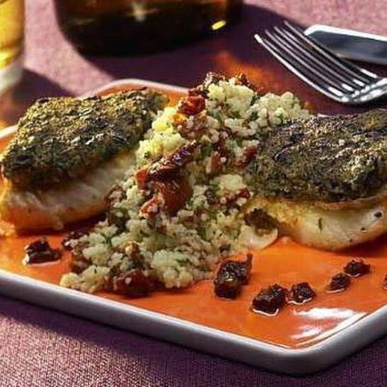 Рецепт палтус в оливковом кляре с салатом из кускуса