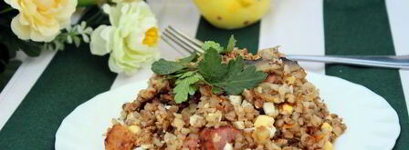 гречка с шампиньонами, сырокопченой грудинкой и яйцом. Шаг 5