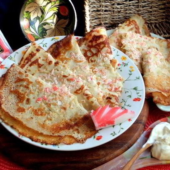 Рецепт блины с крабовым припеком