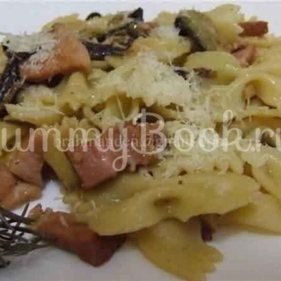 Рецепт фарфалле в пиве с баклажанами и беконом