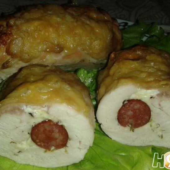 Рецепт куриные рулеты с сыром и венскими колбасками